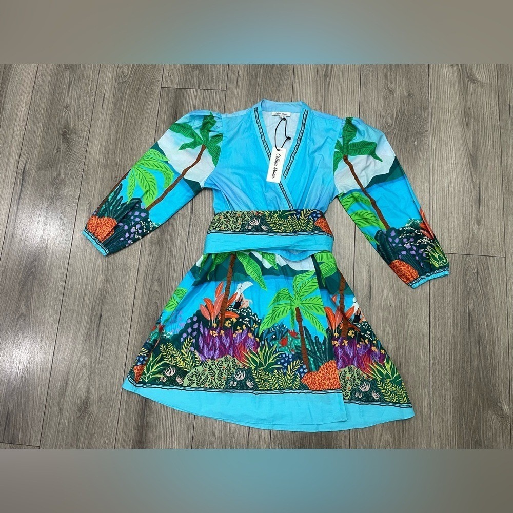 CELINA MOON Tuckernuck Three-quarter Sleeve Wrap Tropical Print Mini Dress NWT S